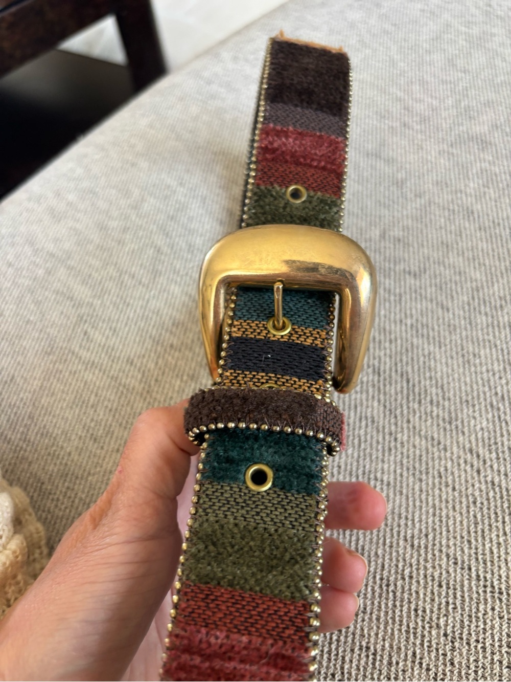 Vintage Woven Tapestry Belt . Boho multicolored with brass buckle.